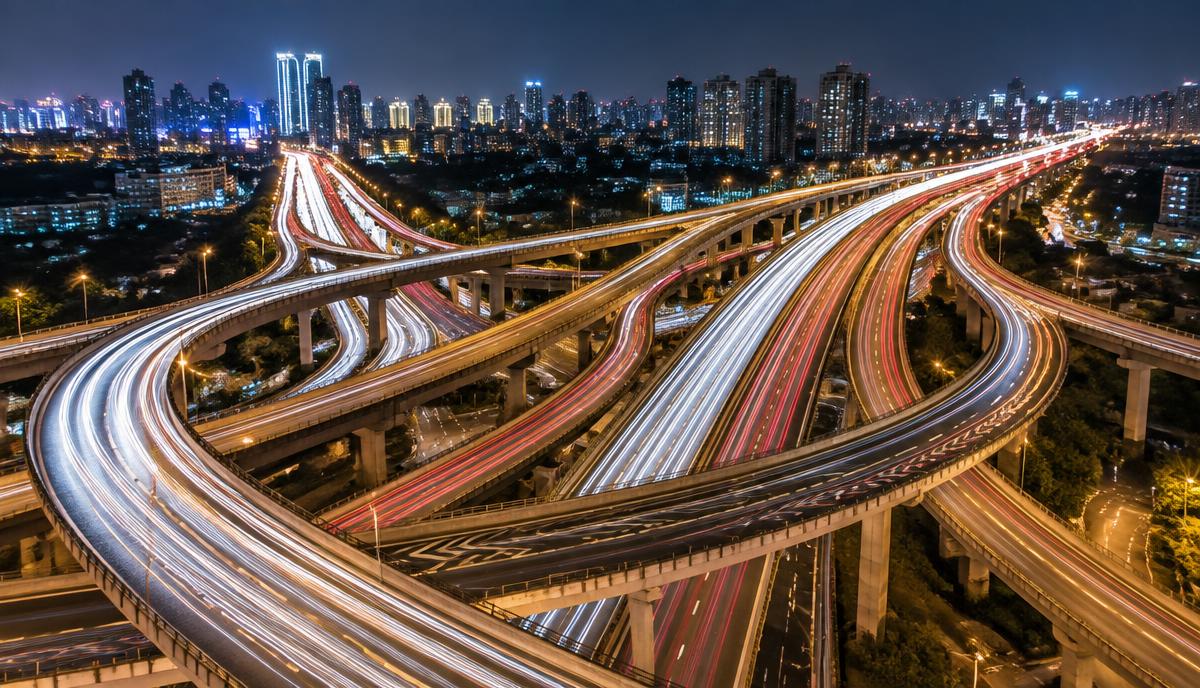 Night highway interchange with streaking light trails