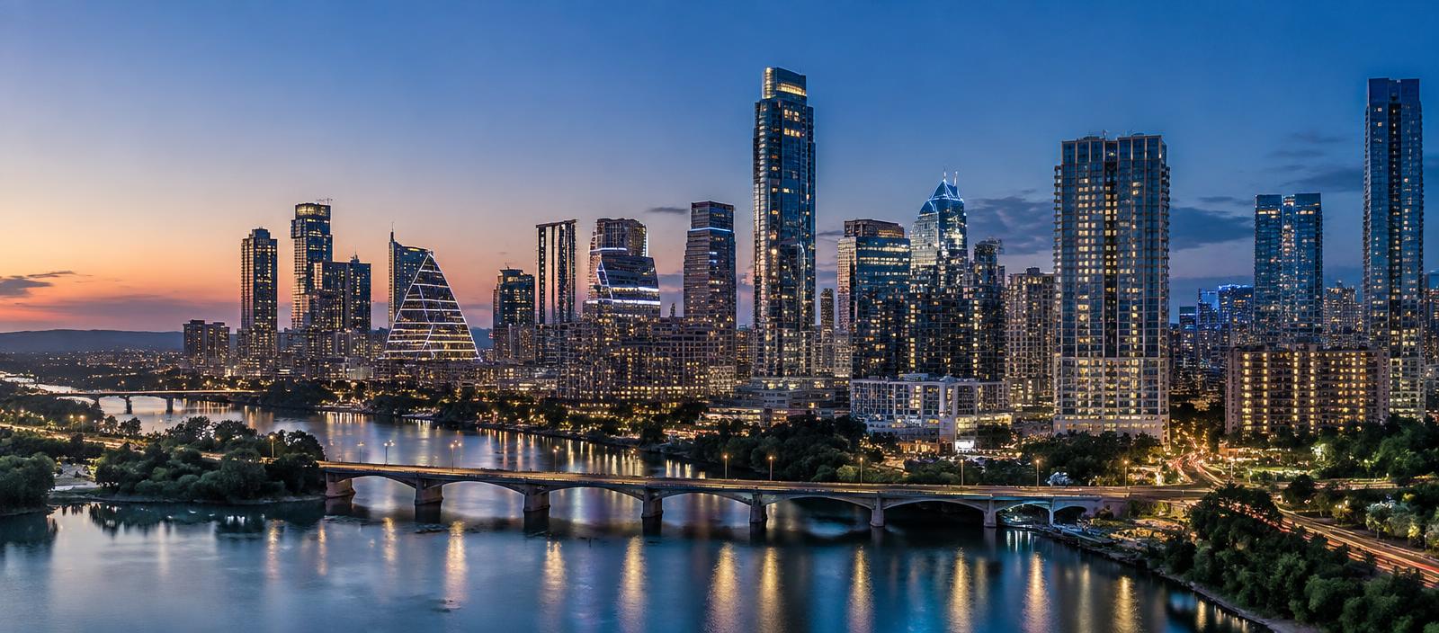 City skyline at dusk with lit towers and river